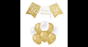 Paperdreams Luxe 60 jaar feestversiering set - Ballonnen & vlaggenlijnen - wit/goud