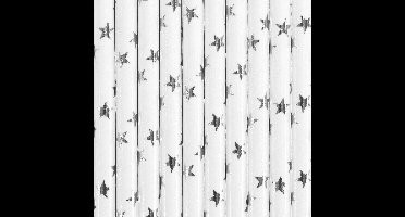 PartyDeco drinkrietjes - wit met zilveren sterren - 40x stuks - papier - 20 cm
