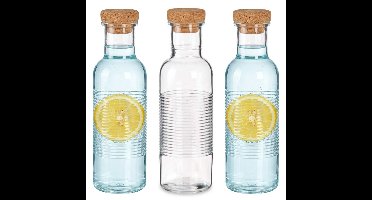 Pasabahce Waterfles met kurken dop - 3x -1070 ml - ribbel glas - D8 x H29 cm - drink flessen