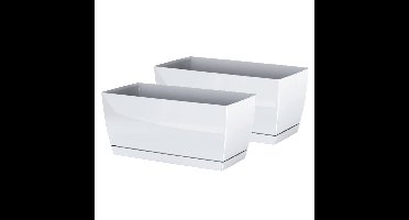 Plantenpot/bloempot met opvangschaal - 2x - kunststof - parel wit - 24 x 12 x 11 cm - binnen/buiten