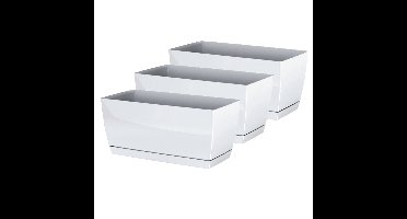 Plantenpot/bloempot met opvangschaal - 3x - kunststof - parel wit - 29 x 14 x 14 cm - binnen/buiten