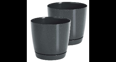 Plantenpot/bloempot met opvangschaal - Set van 2x stuks - kunststof - antraciet - D16 x H14 cm - bin