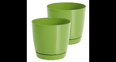 Plantenpot/bloempot met opvangschaal - Set van 2x stuks - kunststof - lime groen - D18 x H17 cm - bi