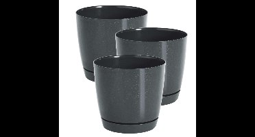 Plantenpot/bloempot met opvangschaal - Set van 3x stuks - kunststof - antraciet - D16 x H14 cm - bin