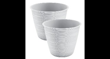 Plantenpot/bloempot Paintstripe - 2x stuks - kunststof - wit - 17 x 20 cm - stijlvol - binnen/buiten