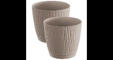Plantenpot/bloempot Waves - 2x stuks - kunststof - taupe - D24 x H23 cm - binnen/buiten