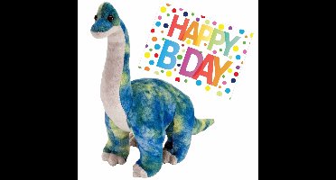 Pluche knuffel Dino Brachiosaurus van 25 cm met A5-size Happy Birthday wenskaart