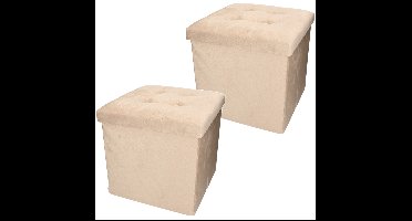 Poef/hocker/krukje - 2x - opbergbox - lichtbruin - fluweel polyester - 38 x 38 cm - opvouwbaar