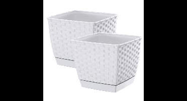 Prosperplast Plantenpot/bloempot - 2x - rotan kunststof - 16.5 x 16.5 cm - parel wit