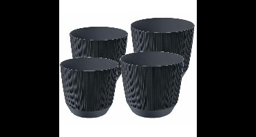 Prosperplast plantenpotten/bloempotten Carf Stripe - antraciet - 4x stuks - kunststof - Dia 13 en 17