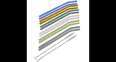 Rietjes gebogen - set 12x - glas - met rager - gekleurd - 23 cm