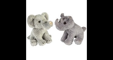 Safari dieren serie pluche knuffels 2x stuks - Olifant en Neushoorn van 15 cm
