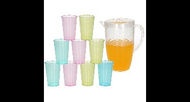 Sapkan/schenkkan karaf met deksel 2 liter set met 12x kunststof drinkglazen 200 ml