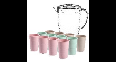 Sapkan/schenkkan karaf met deksel 2 liter set met 12x kunststof drinkglazen 200 ml