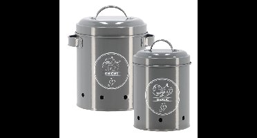 Secrets du Potager Uien/knoflook bewaar blikken - metaal - grijs - 17 x 20 cm - voorraad/bewaar pot