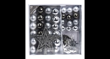 Set 44-delig kunststof kerstboomversiering grijs tinten met kerstballen, slingers en piek