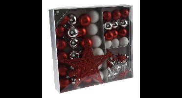Set 44-delig kunststof kerstboomversiering rood/wit/zilver met kerstballen, slingers en piek