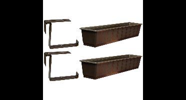 Set van 2 kunststof plantenbakken bruin rechthoekig 80 cm met 4 verstelbare railing beugels
