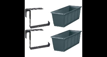 Set van 2 kunststof plantenbakken grijs rechthoekig 60 cm met 4 verstelbare railing beugels
