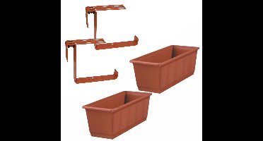 Set van 2 kunststof plantenbakken terracotta rechthoekig 40 cm met 4 verstelbare railingbeugels