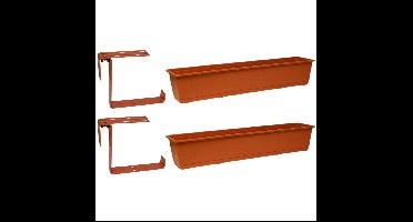 Set van 2 kunststof plantenbakken terracotta rechthoekig 80 cm met 4 verstelbare railing beugels