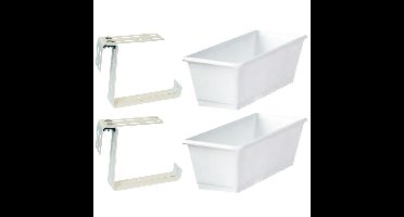 Set van 2 kunststof plantenbakken wit rechthoekig 60 cm met 4 verstelbare railing beugels