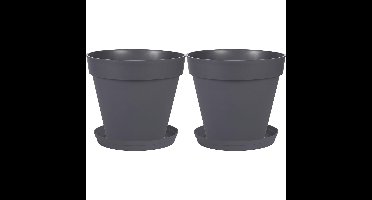 Set van 2x stuks bloempotten Toscane kunststof antraciet grijs D40 x H32 cm inclusief onderschalen D