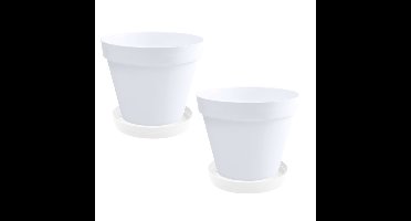 Set van 2x stuks bloempotten Toscane kunststof wit D40 x H32 cm inclusief onderschalen D35 cm