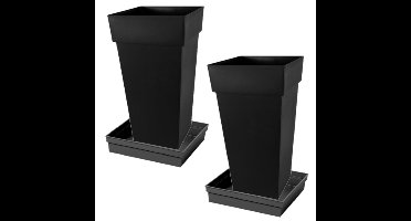 Set van 2x stuks bloempotten Toscane vierkant kunststof antraciet 43 x 43 x 80 cm inclusief ondersch