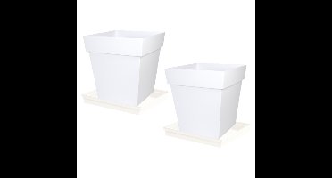 Set van 2x stuks bloempotten Toscane vierkant kunststof wit 39 x 39 x 39 cm inclusief onderschalen