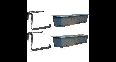 Set van 4 kunststof plantenbakken grijs rechthoekig 80 cm met 8 verstelbare railing beugels