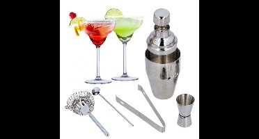 Set van 4x Margarita cocktailglazen met luxe 5-delige cocktailshaker set RVS