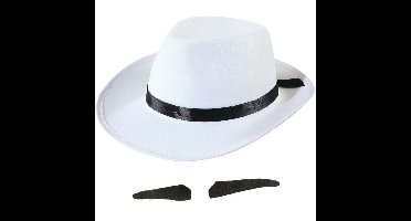 Smiffys - Gangster/maffia verkleed set hoed wit/zwart met snorretje