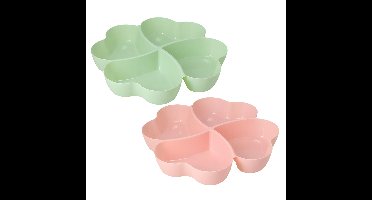 Snackschaal / serveerschaal bloem - set 2x - met vakverdeling - roze / groen - kunststof - D32 cm -