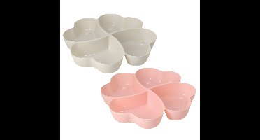 Snackschaal / serveerschaal bloem - set 2x - met vakverdeling - roze / wit - kunststof - D32 cm