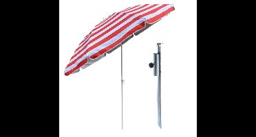 Strand / tuin / camping parasol - met metalen grondharing - rood/wit - D180 cm - verstelbaar