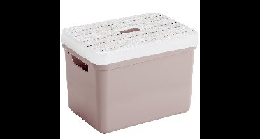 Sunware Opbergbox - roze - 18L - kunststof - met houtkleur deksel - 35 x 25 x 24 cm