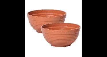 Tafel plantenpot/bloempot - 2x stuks - kunststof D30 x H12 cm - terracotta - binnen/buiten
