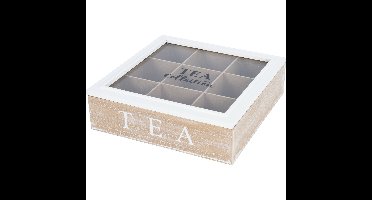 Theedoos - 9-vaks - naturel/wit - hout - 24 x 24 x 7 cm - theekist - glazen deksel