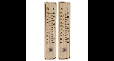 Thermometer - Set van 2x stuks - binnen/buiten - hout - 22,5 x 5 cm