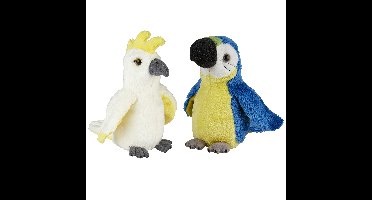 Tropische vogels pluche knuffels 2x stuks - Kaketoe en Papegaai van 15 cm
