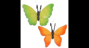 Tuindecoratie bloempothangers vlinder - set 2x - groen/oranje - kunststeen - 13 x 10 cm