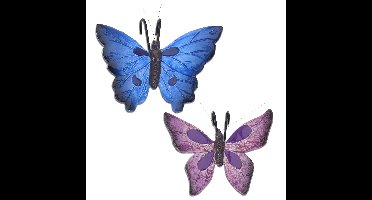 Tuindecoratie bloempothangers vlinder - set 2x - paars/blauw - kunststeen - 13 x 10 cm