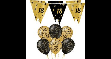 Verjaardag 18 jaar versiering pakket zwart/goud 18 en party-time