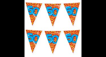 Verjaardag 50 jaar thema vlaggetjes - 2x - feestversiering - 10m - folie - dubbelzijdig