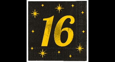 Verjaardag feest servetten - leeftijd 16 jaar - 16x stuks - zwart/goud - sterren - 33 x 33 cm