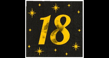 Verjaardag feest servetten - leeftijd 18 jaar - 16x stuks - zwart/goud - sterren - 33 x 33 cm