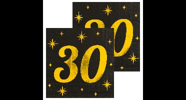 Verjaardag feest servetten - leeftijd 30 jaar - 32x stuks - zwart/goud - sterren - 33 x 33 cm