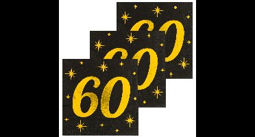 Verjaardag feest servetten - leeftijd 60 jaar - 48x stuks - zwart/goud - sterren - 33 x 33 cm