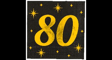 Verjaardag feest servetten - leeftijd 80 jaar - 16x stuks - zwart/goud - sterren - 33 x 33 cm
